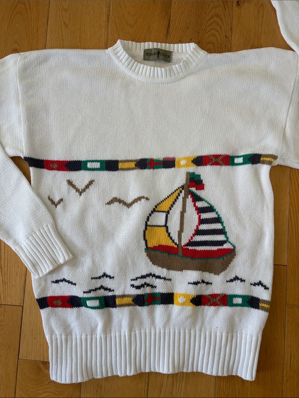 Men’s Vintage Nautical Sweater Coastal Preppy White COTTON Knit sailboat large